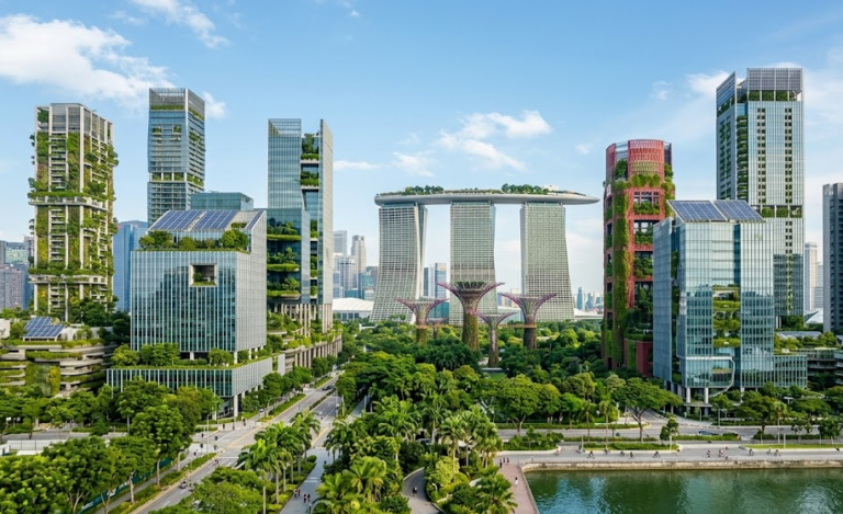 Singapore Green Buildings featuring sustainable skyscrapers with rooftop gardens, vertical greenery, and energy-efficient architecture.