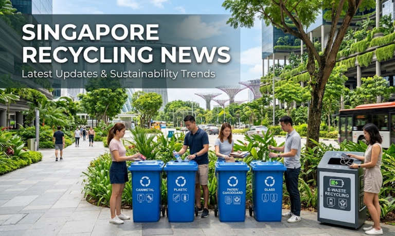 Singapore Recycling News featuring blue recycling bins, e-waste collection, and sustainable waste management initiatives in Singapore.