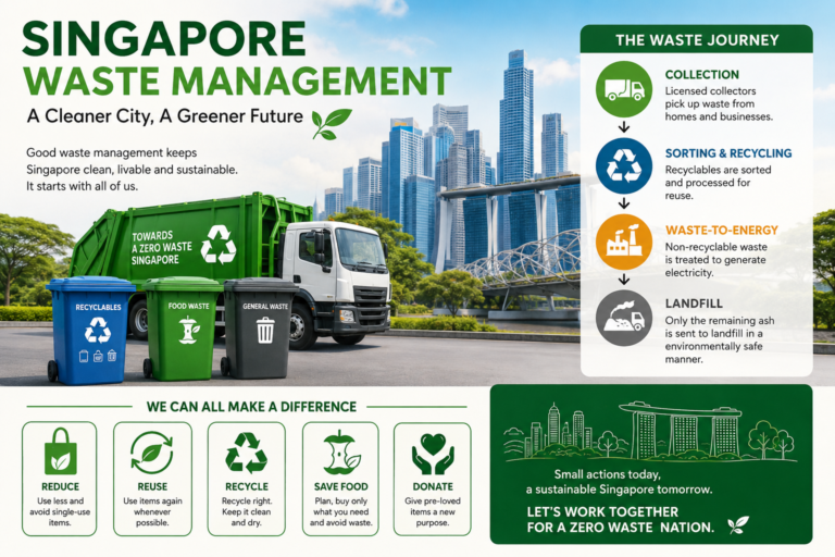 Singapore Waste Management guide featuring recycling bins, a waste collection truck, and the Singapore skyline.