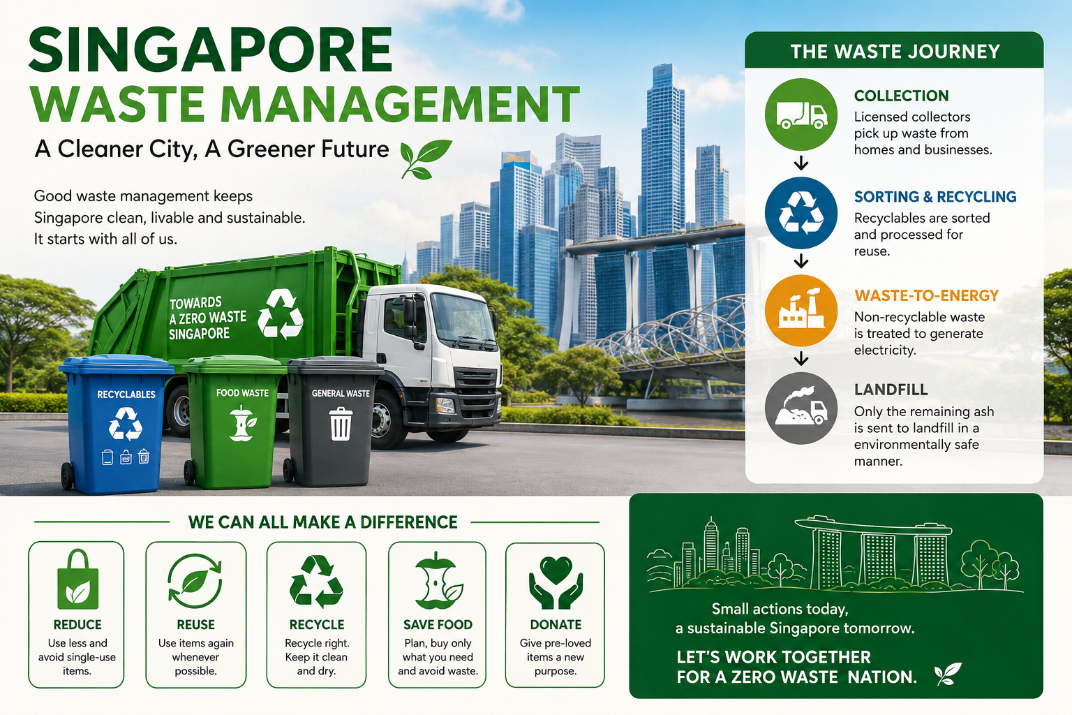 Singapore Waste Management guide featuring recycling bins, a waste collection truck, and the Singapore skyline.