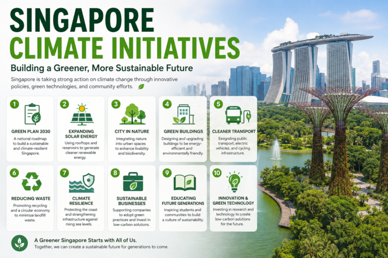 Singapore Climate Initiatives featuring Marina Bay Sands, Gardens by the Bay, green buildings, solar energy, sustainable transport, and environmental policies.