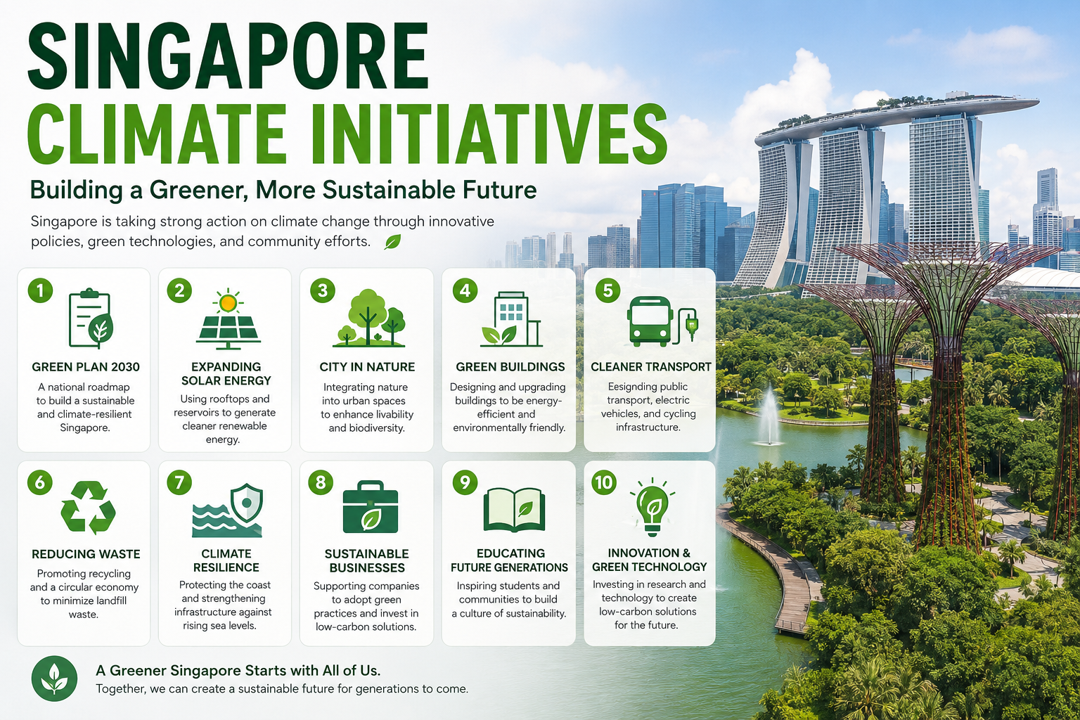 Singapore Climate Initiatives featuring Marina Bay Sands, Gardens by the Bay, green buildings, solar energy, sustainable transport, and environmental policies.